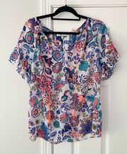 Floral Sheer Ruffle Sleeves Flowy Top, Size M