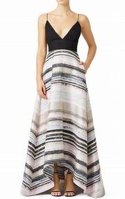 Badgley Mischka Neutral Stripe V-Neck Hi-Low Jacquard Formal Gown Size 10