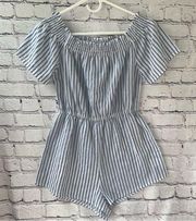 Tobi Blue and White Striped Romper with Smocked Detail Size Medium