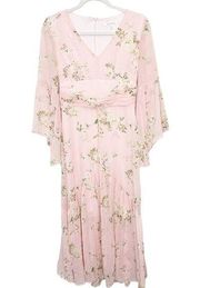 Avec Les Filles NWOT Pink Floral Boho Chiffon Bell Sleeves Maxi Dress Size 2