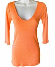 MICHAEL STARS Stretchy Orange V-Neck 3/4 Sleeve Women's Top ~ One Size Fits Most