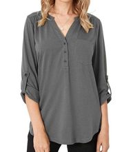 Downeast Light Gray Rollup Sleeve Tunic Blouse