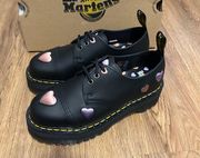DR MARTENS 1461 Quad Heart Black Platform Lace Up Shoes New 