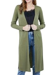 Olive Ribbed Pointelle Cardigan Duster