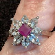 Very pretty vintage silver ring set with a Princess-cut ruby and white gemstones