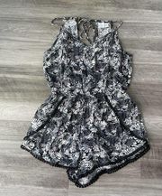 BP Black Floral Romper XS Pom Hem Sleeveless Tie E7