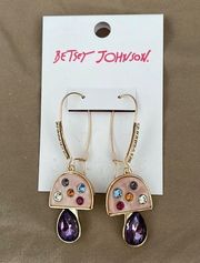 New Rare Betsey Johnson Shepherds Hook Crystal Multi Color Mushroom earrings