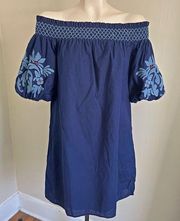 BEACH LUNCH LOUNGE blue embroidered puff sleeve off shoulder beach dress