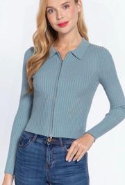 Knit Zip Up Sweater in Stone Blue