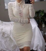 Nightcap Crochet Panel Cream Mock Neck Dress