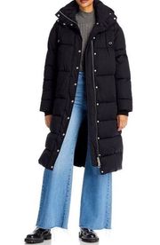 AQUA Puffer Trench Coat, Hooded Quilted Jacket in Black, Size M New w/Tag $298