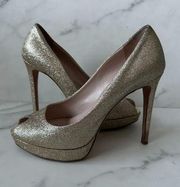 MIU MIU Gold Glitter Platform Peeptoe Heels Size 39/9