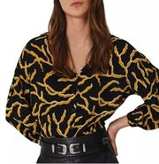 NWT Ba&sh Blouse Clea Long Sleeve Black Yellow Printed Top Size 2 US M