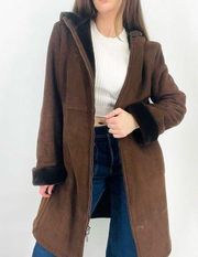 vintage chocolate brown faux fur lined zip up hooded coat size M
