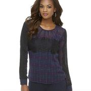 Kardashian Kollection Top M Sheer Plaid Lace Long Sleeve Purple Blue