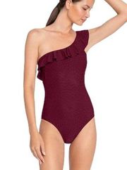Robin Piccone deep red ruffle one shoulder 1 piece