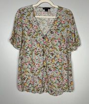 Something Navy Arielle Charnas Floral Button Front Tie Front Blouse Top Size Med