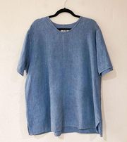 Flax Short Sleeve Crewneck Linen Blouse in Blue Size Large