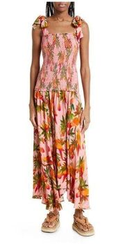 Farm Rio Pink Mango Trees Smocked Bodice Tie Strap Midi Dress Women's Medium NEW