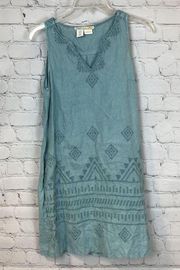 C&C California Mini Dress Sz XS Blue Turquoise Linen Embroidered Sleeveless