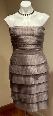 Calvin Klein Pretty Strapless Metallic Silver, Gray Ruffled Tear Dress Sz 12