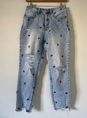 butterfly embroidered light wash straight leg mom jeans