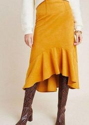 Maeve Cosima High Waisted Flounced Faux Suede Midi Skirt Mustard Yellow 4 Petite