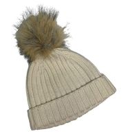 J Crew Cream Ribbed Knit Cream beanie with faux-fur pom-pom Hat