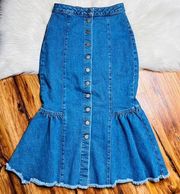 Denim Jean Midi Skirt 0 Button Front High Waist Ruffle Flounce Frayed Blue