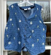 Bobbie Brooks Denim Vest Womens Size Large 12/14 Floral daisyCore Vtg