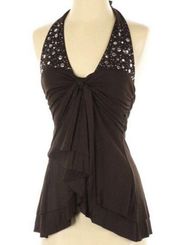 Robert Rodriguez Brown Top XS Halter Sleeveless Embellished Gathered RARE HTF