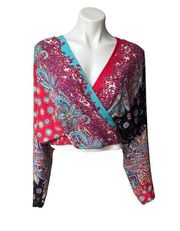 Carole Little Paisley Boho Blouson Faux Wrap Dolman Sleeve Top, Sz 16