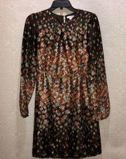 Esley Brown Flower Printed Satin Dress Small