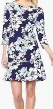 Eliza J Blue White Floral Drop Waist Ruffle Hem 3/4 Sleeve A-Line Dress Size 12