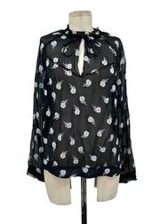 Rag and Bone  Navy Blue Floral Print Tie Neck Long Sleeve Blouse Size XS