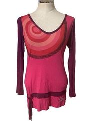 Desigual Pink Red Long Sleeve V-Neck Circle Print Tunic Top