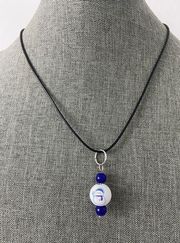 Blue glass and wood bead snowman pendant necklace