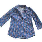 New York & Company Shirt Womens Small Blue Henley Collared Paisley Top Cotton