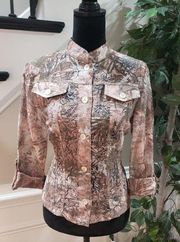 Ruby Rd. Women Beige Brown Floral Rayon Long Sleeve Button Front Jacket Size 8