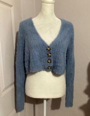 Sky & Sparrow Light Blue Furry Long Sleeve Button Up Crop Top M