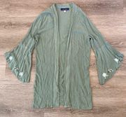 Blue Rain Green Flora Embroidered Open Front Long Cardigan Women’s Size Medium