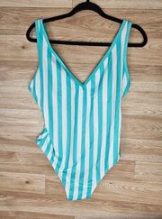 Turquoise Striped V-neck One Piece Swimsuit Women’s Large NWT