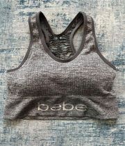 Bebe Heathered Gray Ribbed Knit Athletic Sports Bra w Cut Outs Large