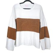 Pink Lily Womens L White Brown Color Contrast Patchwork Loose Oversized Sweater