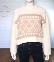 Poof Apparel Chenille Fair Isle Cropped Sweater Cream & Tan Soft Cozy Size L