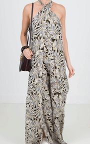 Alexis Gabrielle Jumpsuit Safari XS Leaf Palm Tropical Wide Leg Halter