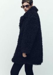 NWT ZARA FAUX FUR TEDDY COAT JACKET BLACK Sz-M