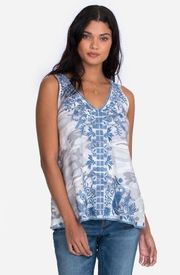 Johnny Was Harriet Linen Tank Blue Floral Embroidered