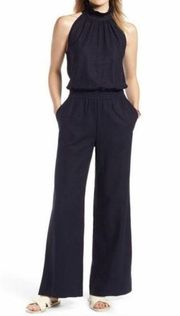 1901 Ruffle Neck Linen Blend Jumpsuit in Dark Navy Women's sz. XL