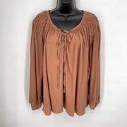 Mustard Seed Pintuck Shoulder Lace-Up Top Mocha Brown Lightweight NEW Women Sz S